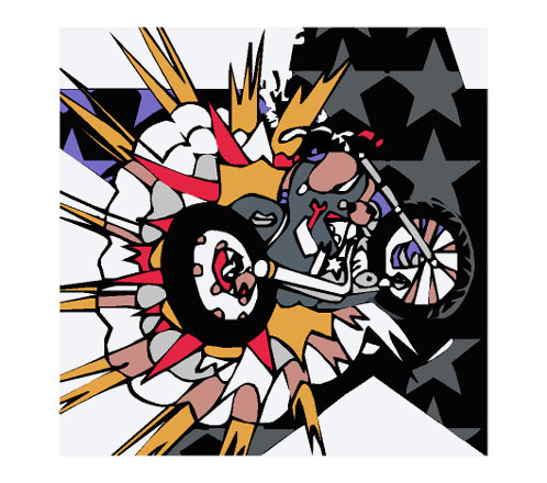 A custm bike explodes in the world of art. Stars represents the american dream. The bike very reduced in the style of pop art. A motorcycle in modern representation.